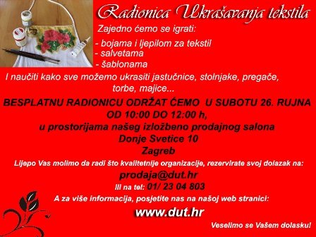 DUT organizira RADIONICA UKRAŠAVANJA TEKSTILA